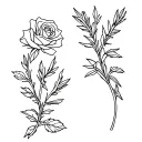 cute simple design of a rose and rosemary sprig side by side fine line black and white tattoo for girls  tattoo design idea