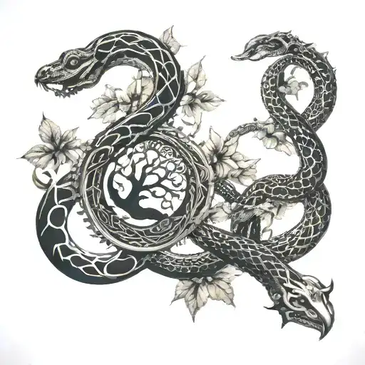 A unique tattoo combining elements of esoteric wisdom, philosophy, and the tree of life with a snake eating itself in the shape of an infinity symbol tattoo design idea