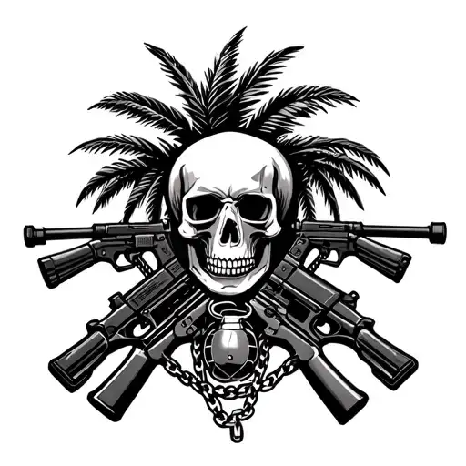 Sketch of a tattoo, emblem of 3 palm trees, weapons under them (machine guns, pistols, grenade launchers). In the center is one skull, hanging on a chain tattoo design idea