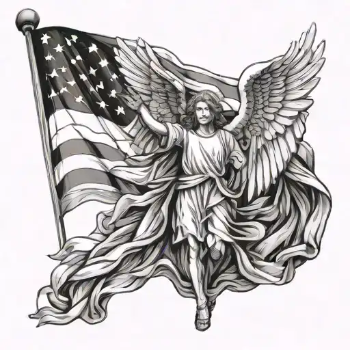 draped American Flag primarily black and white with a saint michaels angel tattoo design idea