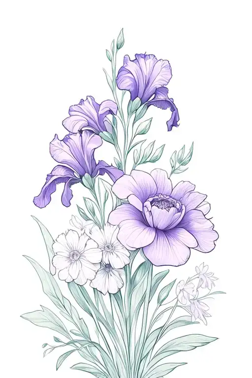 violet, irises, primroses, aster, morning glory, peony flowers with lines at the top middle and bottom tattoo design idea