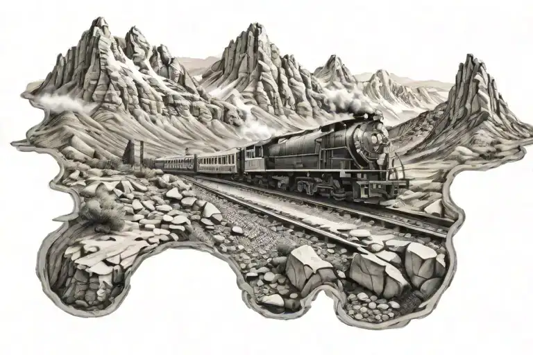 stream train on tracks through mountains panorama tattoo design idea