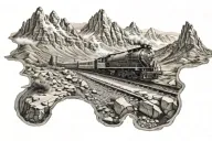 stream train on tracks through mountains panorama tattoo design idea