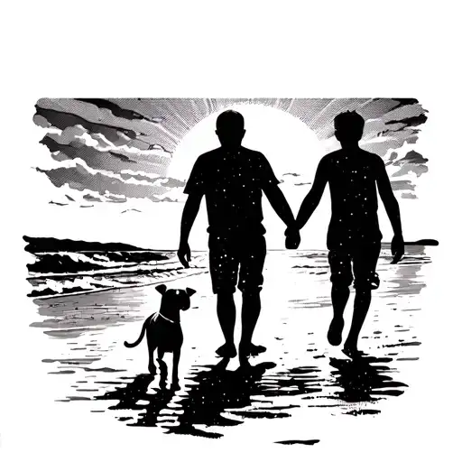 Silhouette of a father, son, and staffy dog walking along the beach at sunset. not holding hands  tattoo design idea