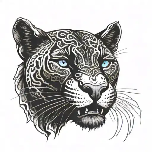 My idea is an Indian-style black panther with blue eyes and an open mouth showing its fangs. tattoo design idea