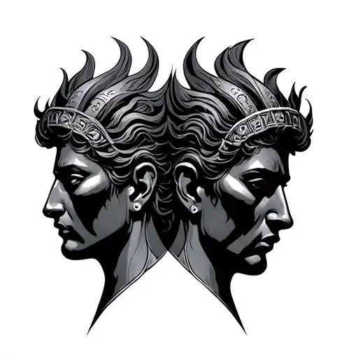 A black and grey tattoo design featuring the two Riace Bronzes in a bifront profile, facing opposite directions. Between tattoo design idea