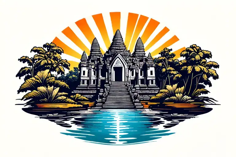 Angkor Wat Temple, sun setting at the side with rays, water and foliage tattoo design idea