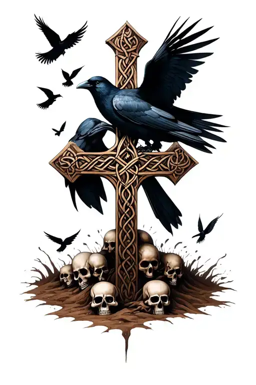 hand out the ground holding a celtic cross with one crow sitting on it and skulls under the cross and souls flying tattoo design idea