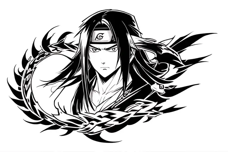 modern japanese style tattoos infuse with anime characters kike Itachi from naruto, zorro from one piece, captain Yamamo tattoo design idea