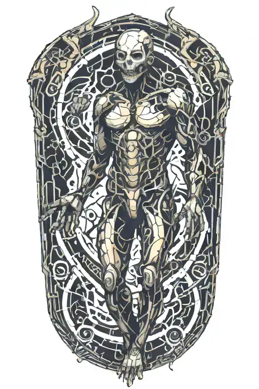 Human figure breaking out of a digital cocoon, with cracked armor falling off and glowing circuitry on the body tattoo design idea
