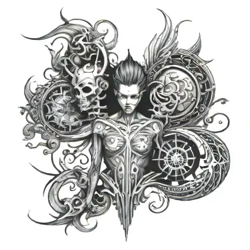 Mystic cybersibilism black and white back tattoo tattoo design idea