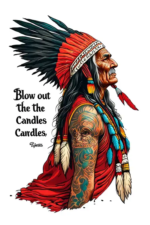 "Blow Out The Candles" red indian elder looking at the skies tattoo design idea