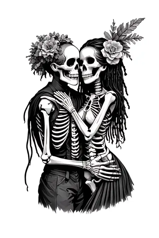 skeleton couple embracing the female skeleton is dia de los muertes and male skeleton is voodoo doctor with dreads tattoo design idea