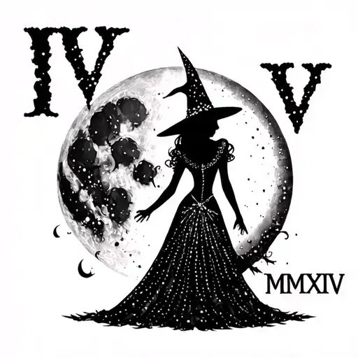 "IV - V - MMXIV" "IV - V - MMXIV" "IV - V - MMXIV" "IV - V - MMXIV" sexy witch bride silhouette over full moon tattoo design idea