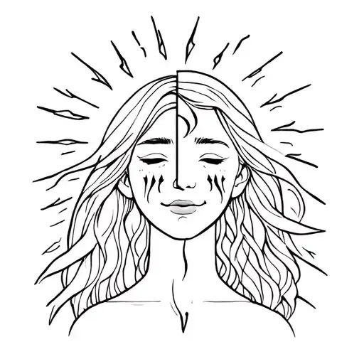 girl half smiling with the sun, other crying with a thunder storm  tattoo design idea