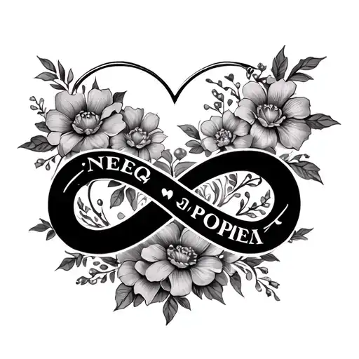 infinity sign incorporated with names Neq and Pope with hearts and flowers tattoo design idea