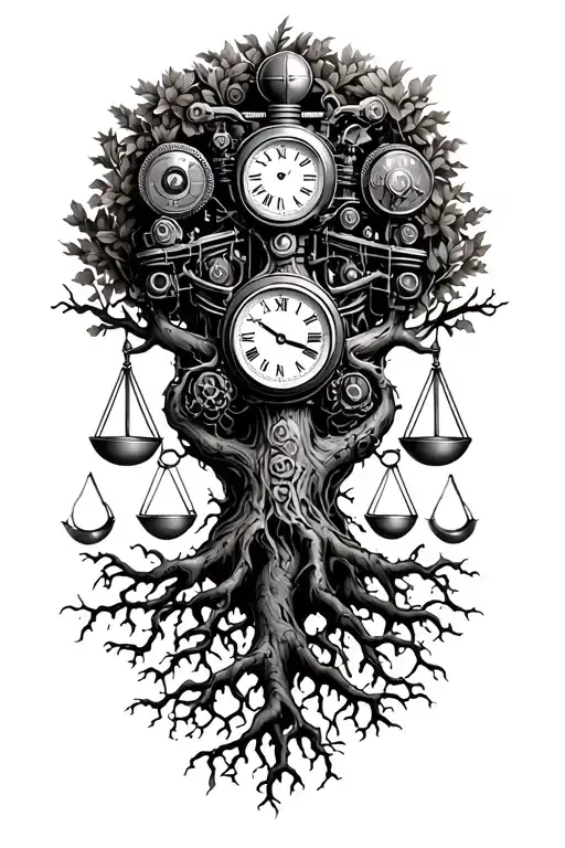 midevil tree of life with roots intertwined  with libra scales, v-twin engine and a old clock tattoo design idea