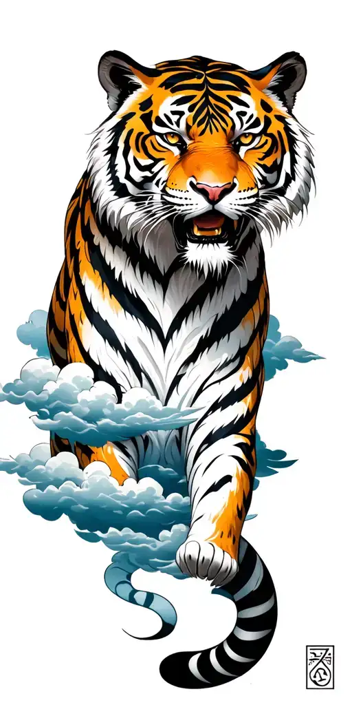aggressive Tiger with Japanese Clouds, with Runes and mythology elements, Raven tattoo design idea