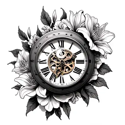 hand clock with gears in the middle of clock surrounded by lilies and roses tattoo design idea