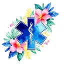 an EMT symbol with Hawaiian flowers on the outside  tattoo design idea