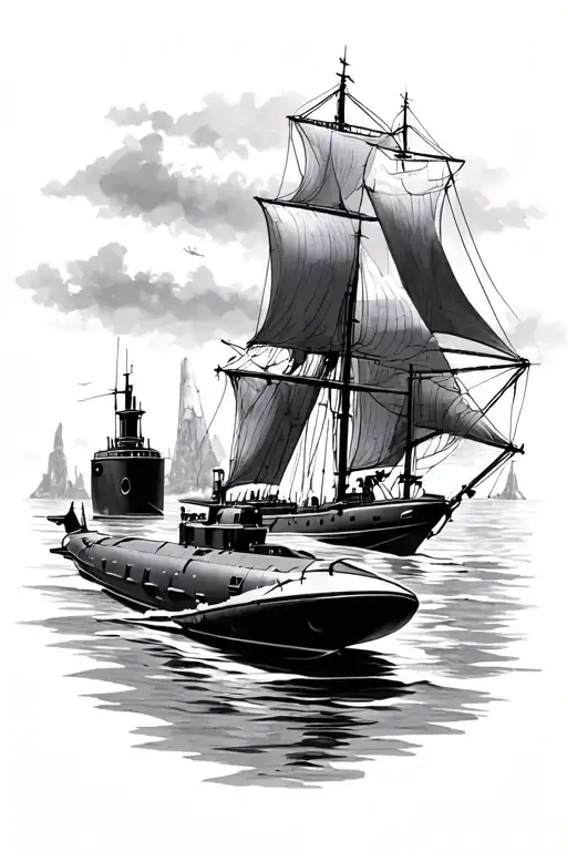 sailboat, submarine and motorboat tattoo design idea
