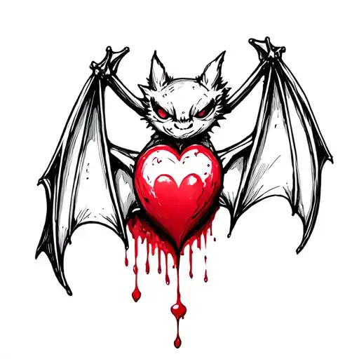 Tattoo depicting a bleeding bat with a small heart in the middle of its belly in a Gothic style sketch tattoo design idea