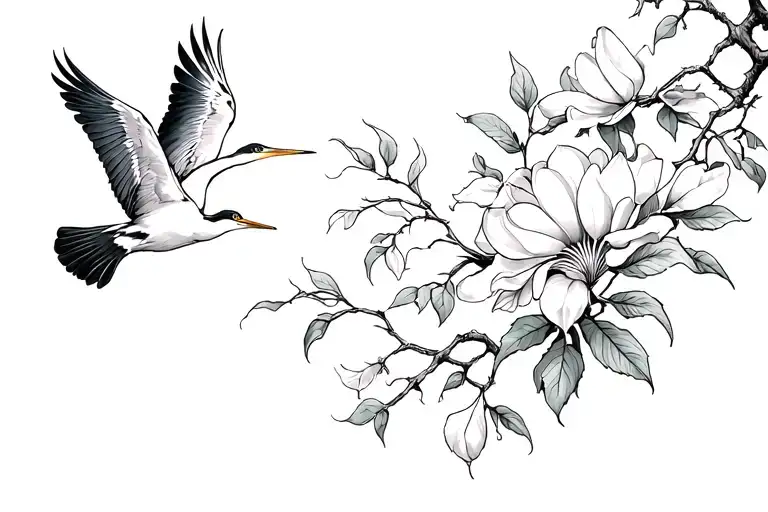 Fleur de lis and heron flying away and magnolia branch tattoo design idea