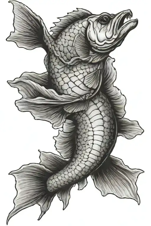 realistic bass guitar with a bass fish jumping tattoo design idea