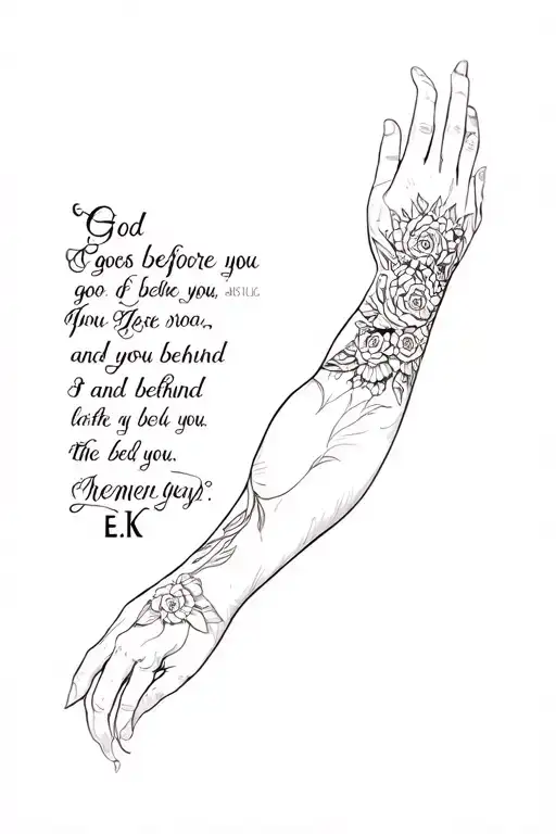 Arm tattoo with quote words by deceased person as memory “God goes before you and you behind-E.K” tattoo design idea