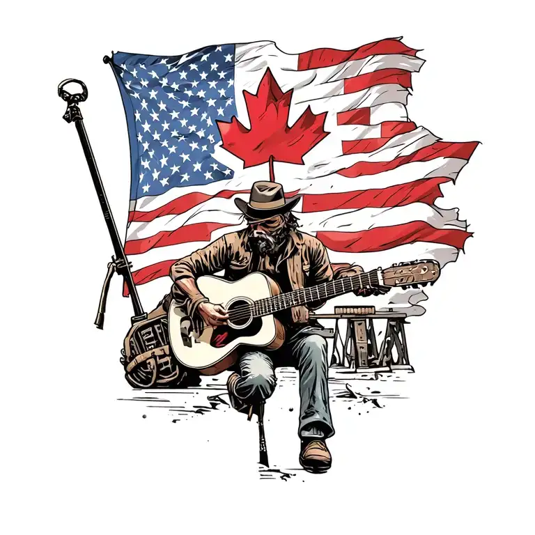 canadian flag  over shoulder. patriotic with steel making theme and guitar musician theme. no stars only canadian flag tattoo design idea