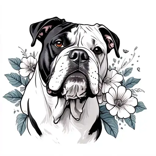american bulldog delicate and flowers tattoo design idea