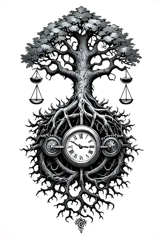 gothic tree of life with midevil roots intertwined with v-twin motor, libra scales and a clock tattoo design idea