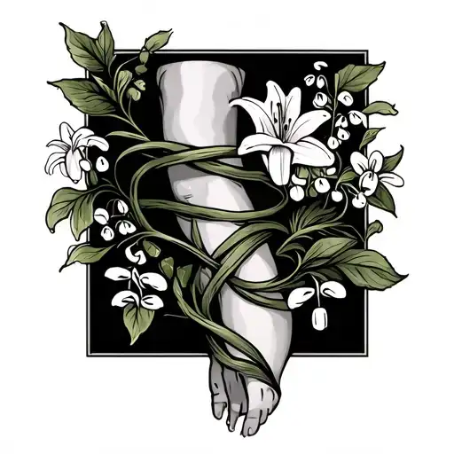 long vine wrapping itself around leg with lily of the valley, babys breath and forget me not flowers and droopy leaves tattoo design idea