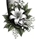 long vine wrapping itself around leg with lily of the valley, babys breath and forget me not flowers and droopy leaves tattoo design idea