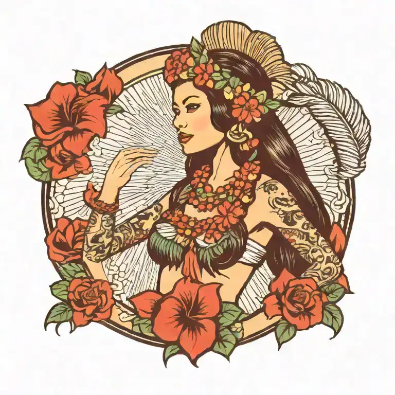 hula girl standing sexually with tattoos and head dress  tattoo design idea