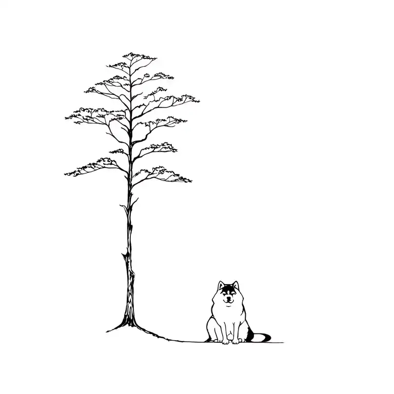 tall tree with Akita sitting next to it silhouette minimalist  tattoo design idea