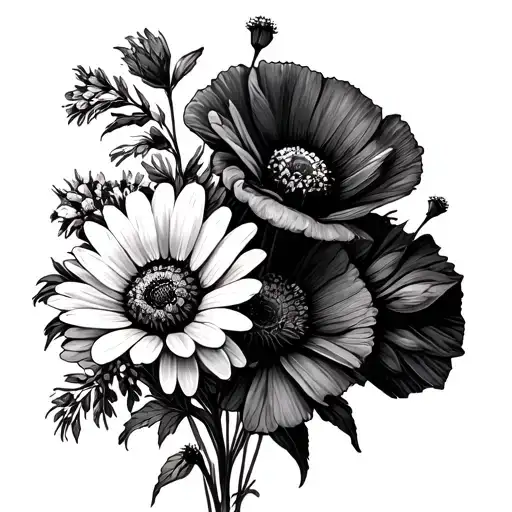 a bunch of flowers, fine line, chrysanthemum, daisy, larkspur, poppy, cosmos flowers tattoo design idea