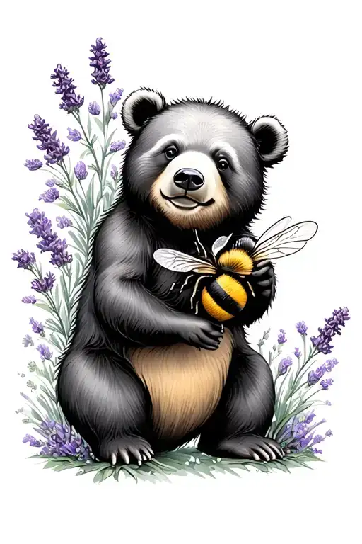 bear playing with a bumble bee in lavender flowers tattoo design idea