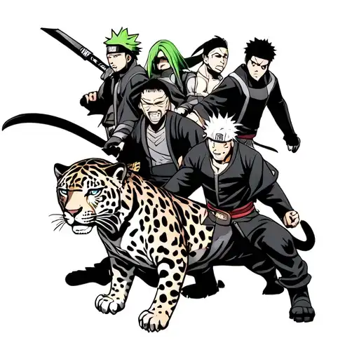 A tattoo design of Naruto, Jiraiya, Sukuna, Satoru Gojo, Zoro, and a jaguar all together in a dynamic and action-packed composition, showcasing your favorite characters and nickname. tattoo design idea