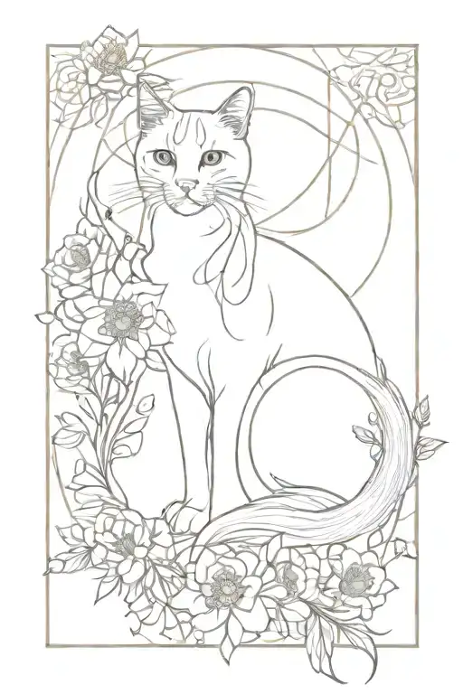 fine line many flowers and dreamcatcher abstract cat outline tattoo design idea