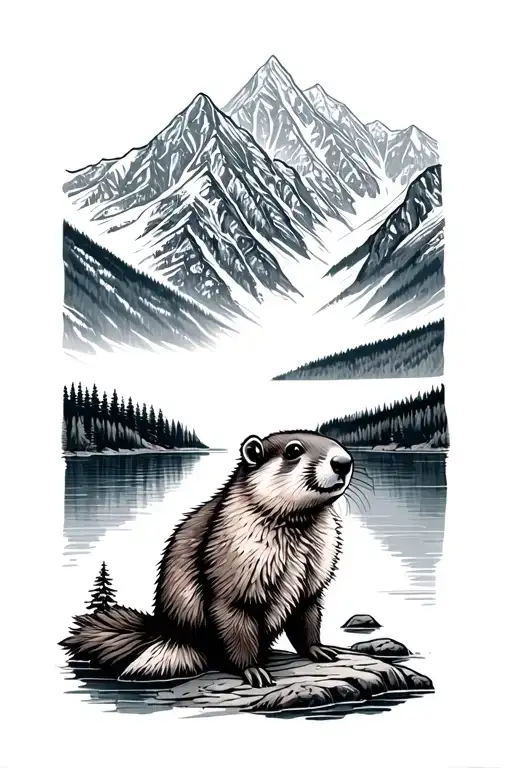 marmot in front of lake surrounded by mountains tattoo design idea