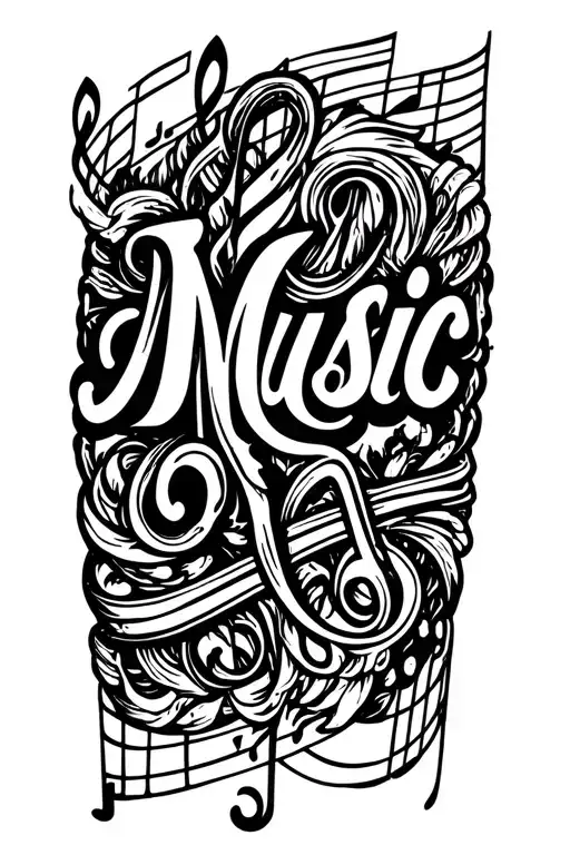 arm with the word "Music" with music notes tattoo design idea