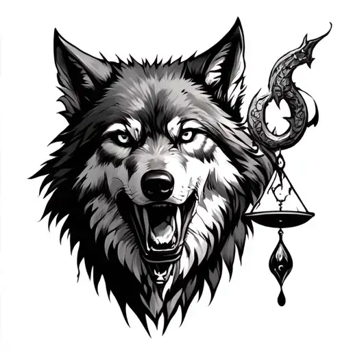 a wolf with a scale in its mouth and Lucifer's tear tattoo design idea