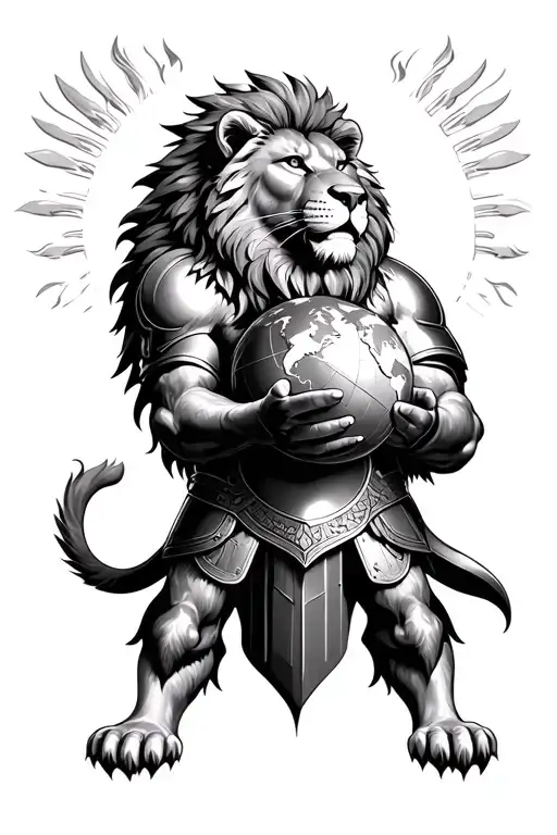 a lion wearing a roman armor holding the world in his hands  tattoo design idea
