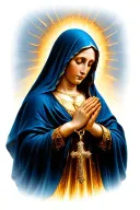 virgin mary, in prayer. golden glowing aura against dark background. light blue veil. golden detailed cross necklace tattoo design idea