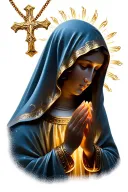 virgin mary, in prayer. golden glowing aura against dark background. light blue veil. golden detailed cross necklace tattoo design idea