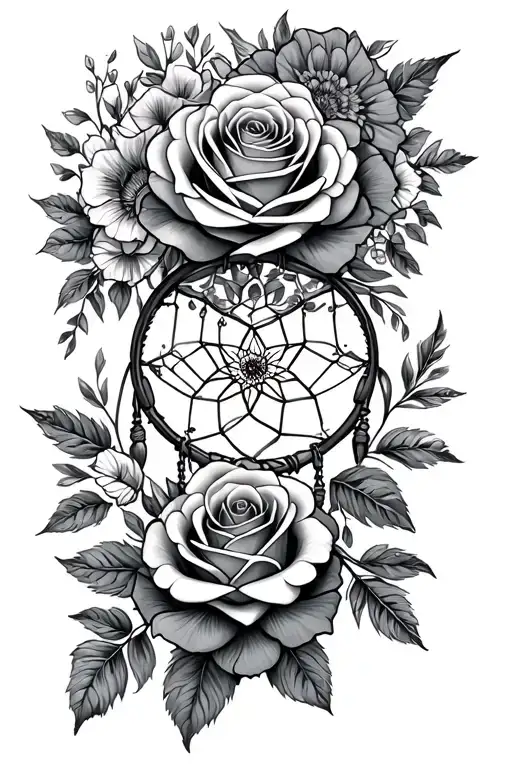 roses and tons of flowers and dream catcher tattoo design idea