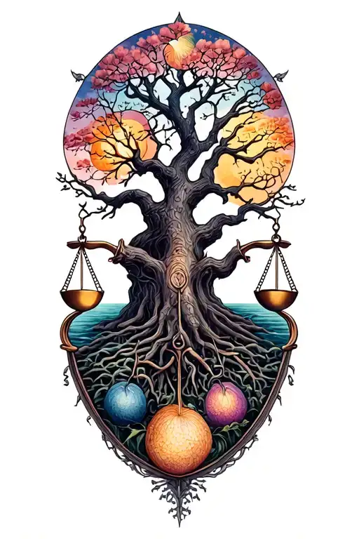 gothic tree of life, libra scales and 4 seasons changing travel tattoo design idea