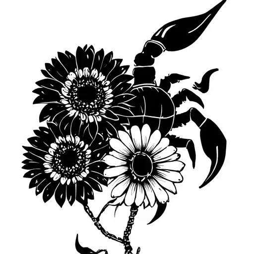 scorpion, Taurus zodiac sign with three gerbera flower tattoo design idea