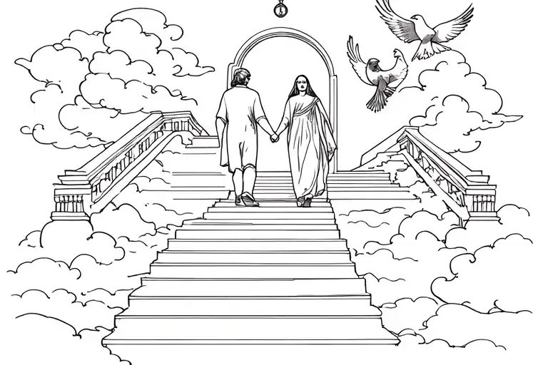 stairs to heaven gate, clouds, reyrey and papa, two people walking holding hands up stairs, dove and cardinal, clock tattoo design idea